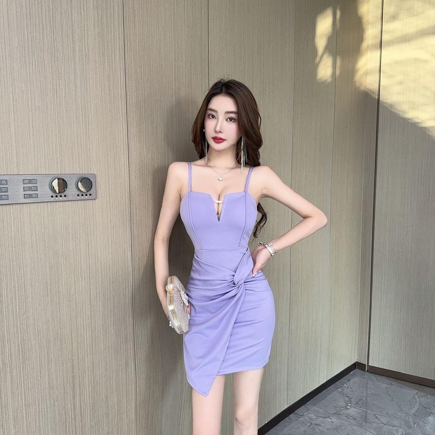 Spaghetti Strap Notched Asymmetrical Plain Mini Bodycon Dress Product Image