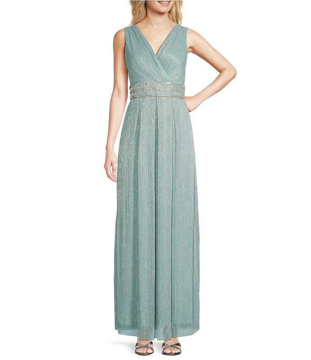 R & M Richards Pleated Metallic V-Neck Sleeveless Gown Product Image