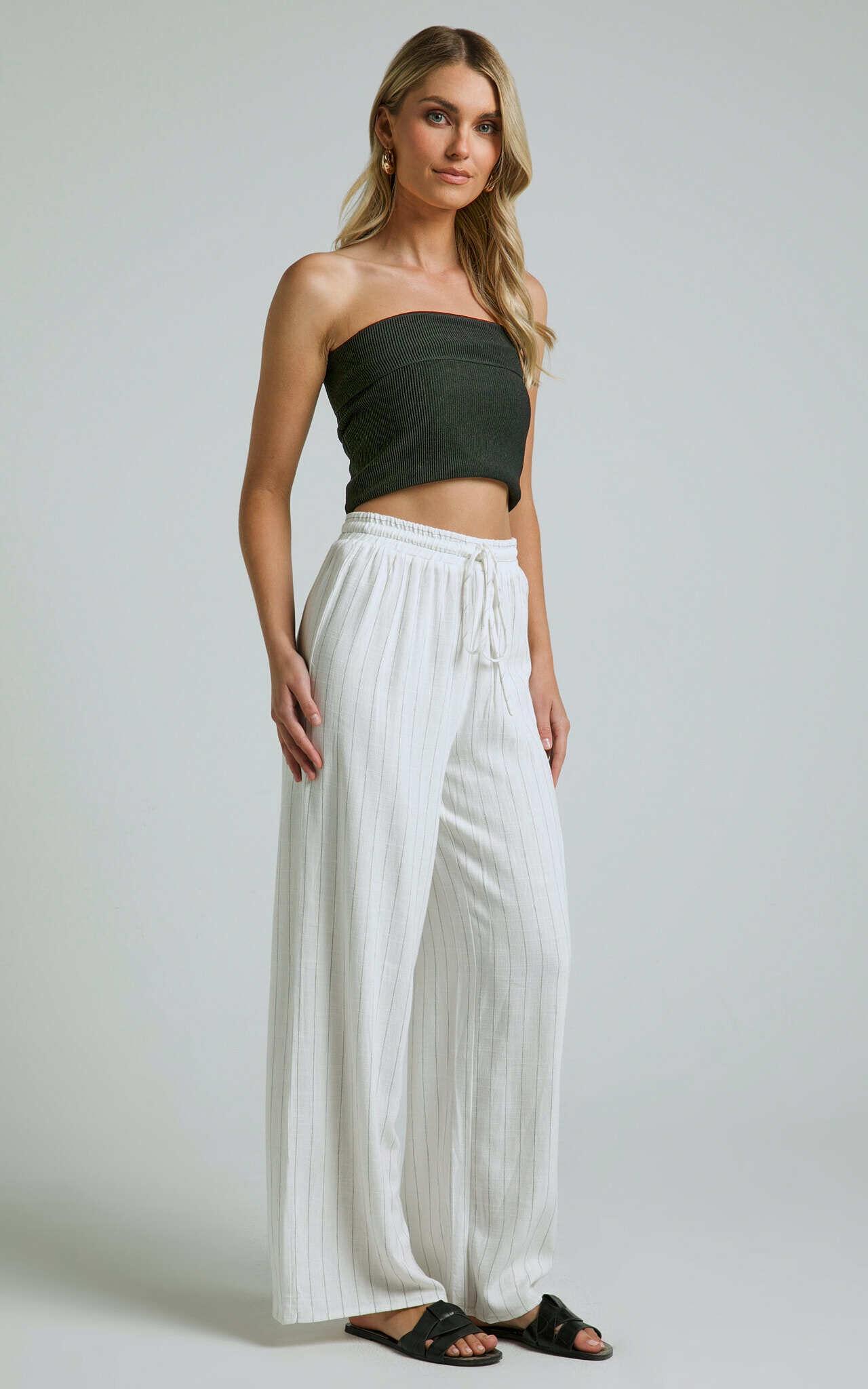 Barbra Pants - Pinstripe Linen Look High Waisted Relaxed Pants in White Stripe Product Image