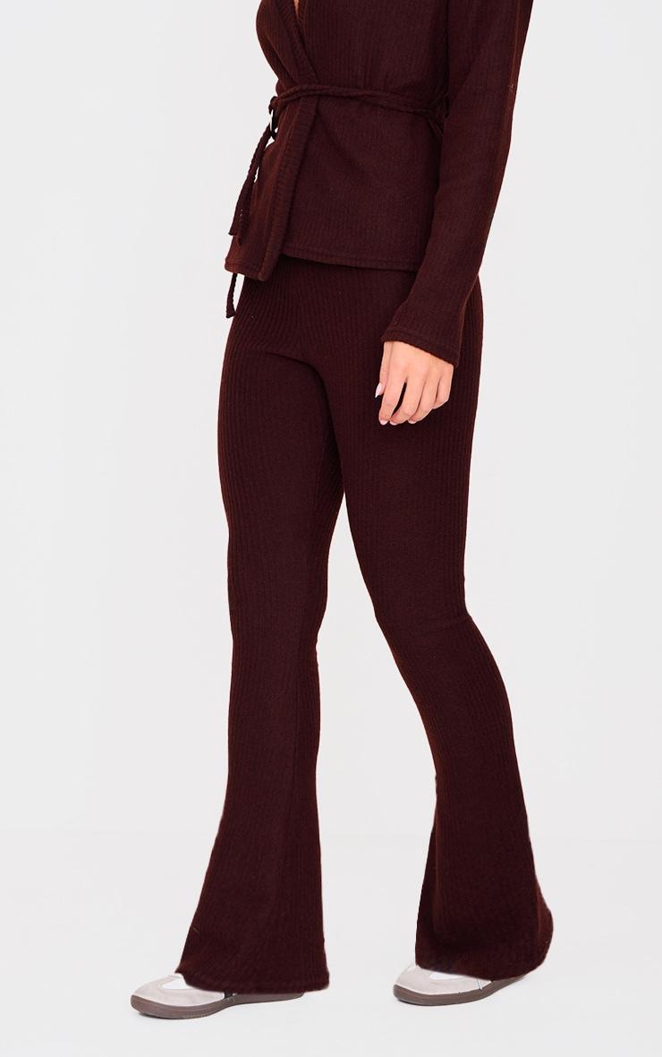 Chocolate Soft Rib Tie Trim Detail Skinny Flares Product Image