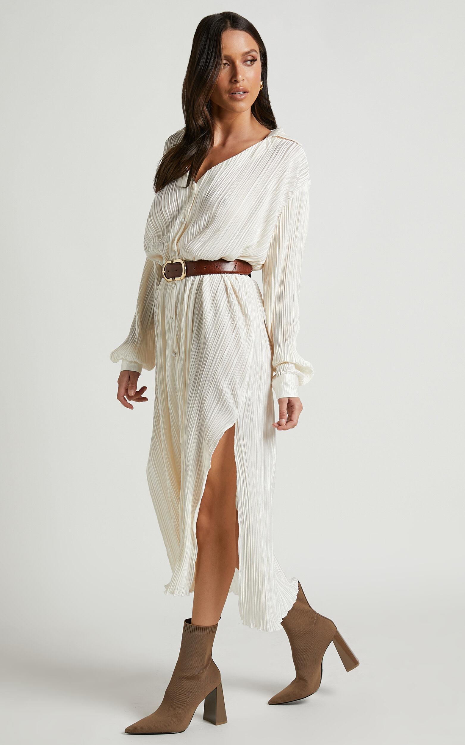 Donelli Midi Dress - Plisse Oversized Collared Shirt Dress in Cream Product Image