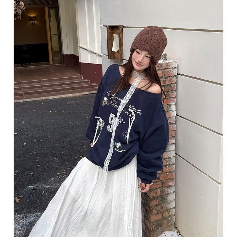 Long Sleeve Cold-Shoulder Lettering Print Lace Panel Loose-Fit Sweatshirt Product Image