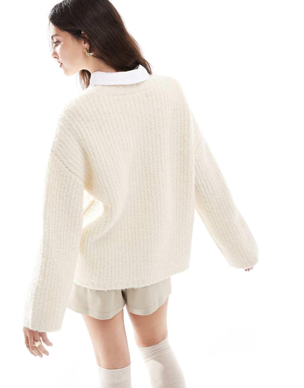 4th & Reckless wool mix textured rib wide sleeve sweater in cream Product Image