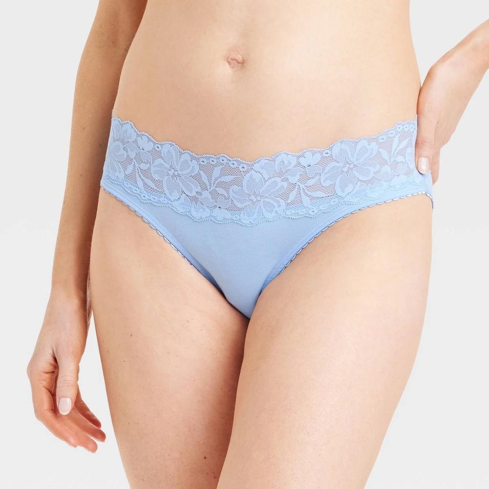 Womens Cotton Blend Bikini Underwear with Lace - Auden Blue Product Image