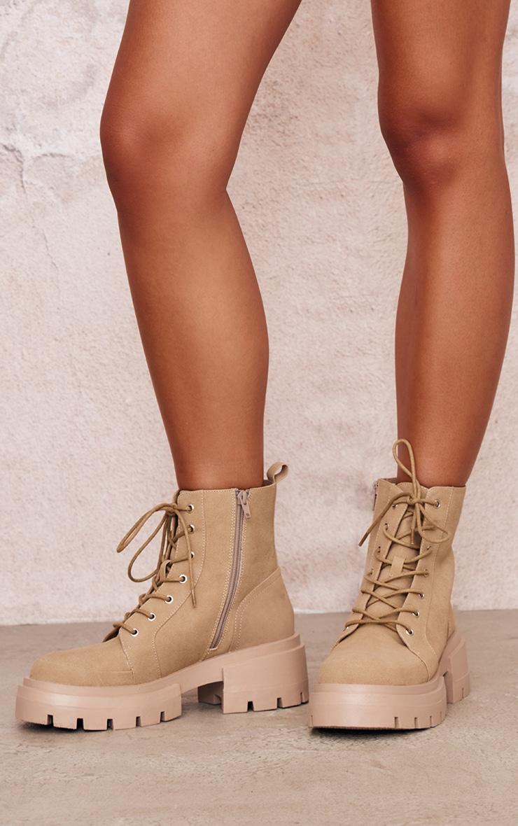 Tan PU Round Toe Lace Up Chunky Ankle Boots Product Image