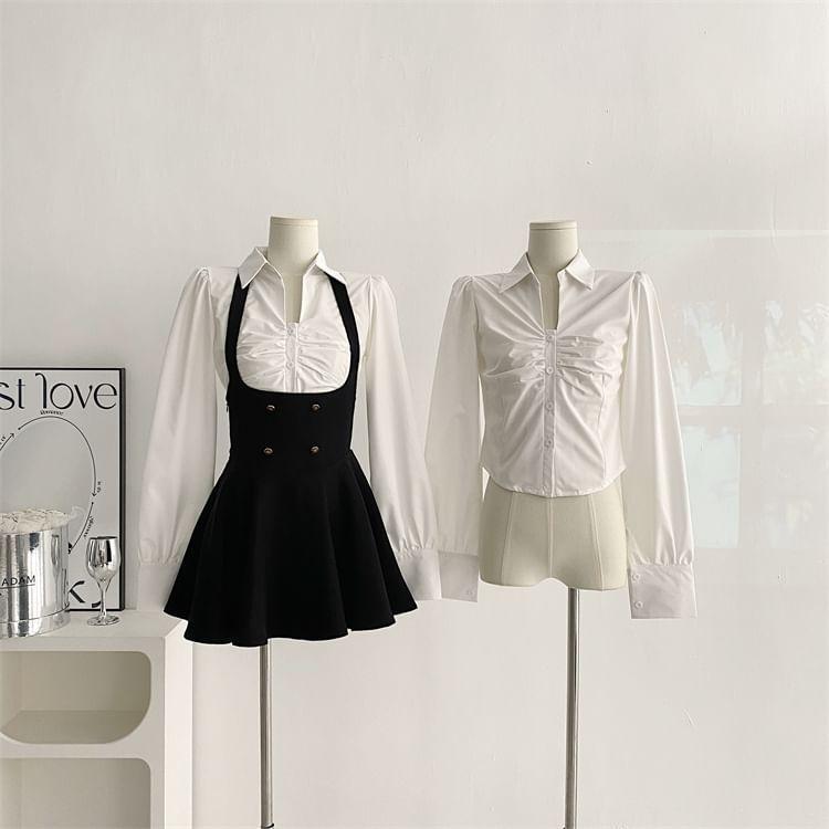 Long-Sleeve Plain Blouse / Sleeveless Plain Mini A-Line Dress / Button-Up Crop Blazer Product Image