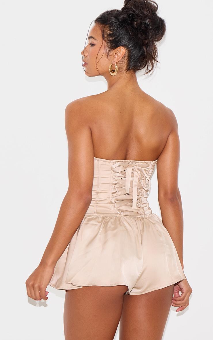 Champagne Satin Corset Detail Bandeau Romper Product Image