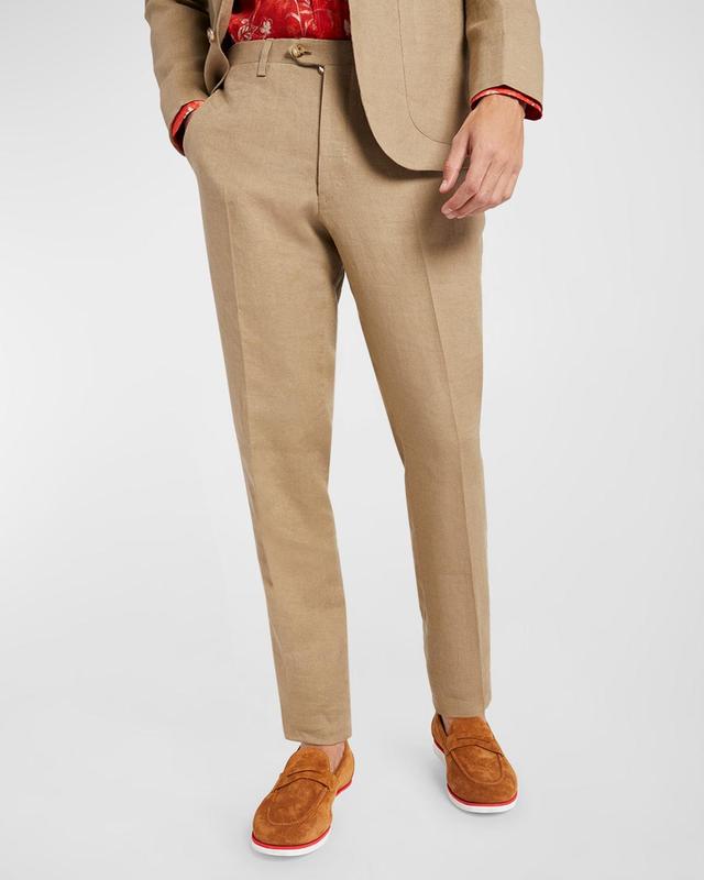 Mens Khaki Linen Straight-Leg Trousers Product Image