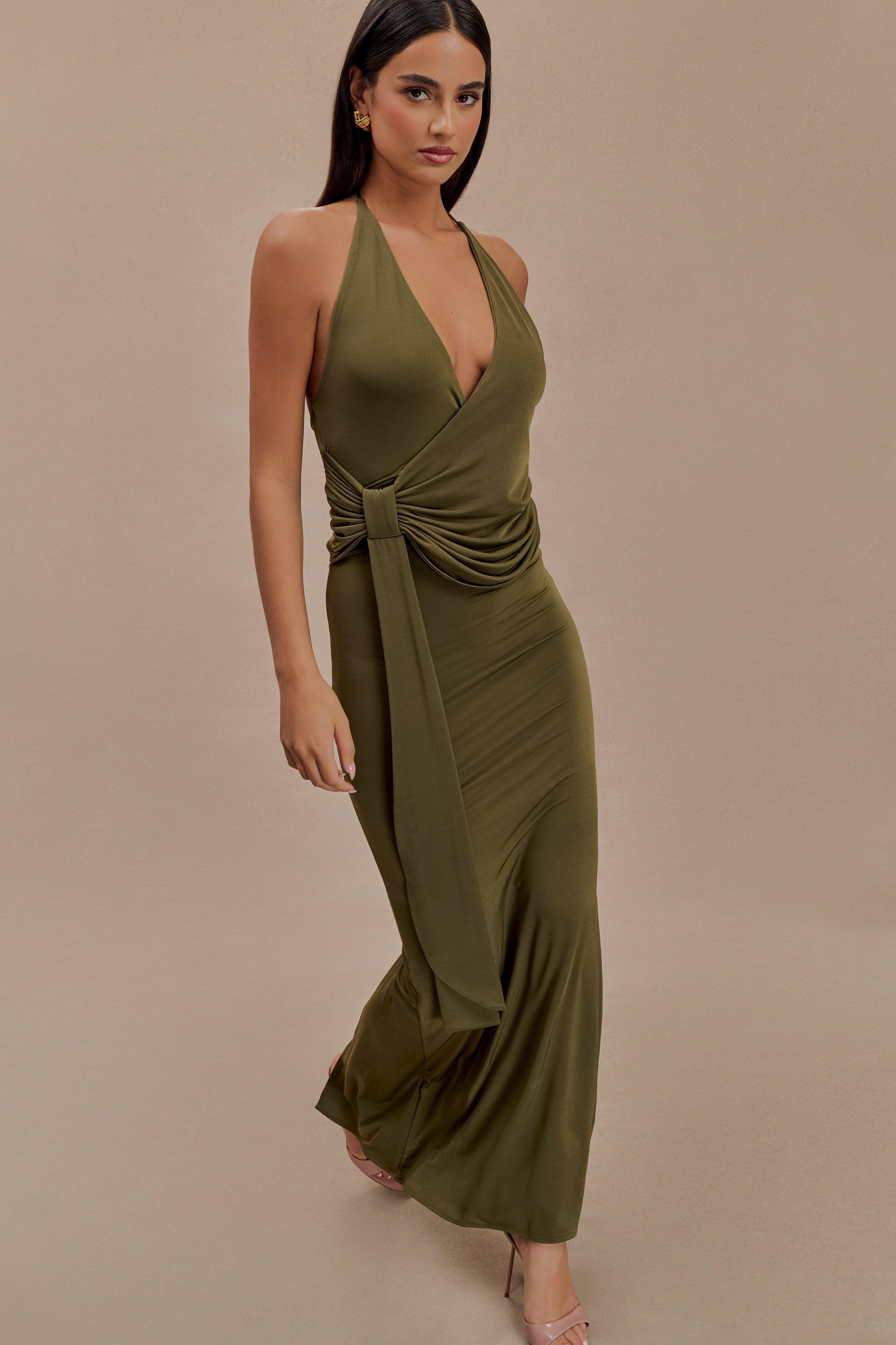 Tyla Draped Slinky Halter Maxi Dress - Dark Olive Product Image