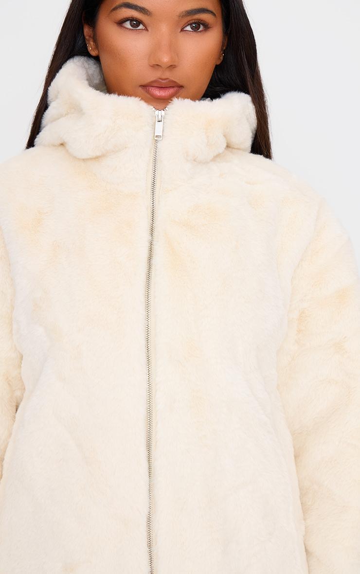 Cream Plush Faux Fur Hooded Zip Up Jacket Product Image