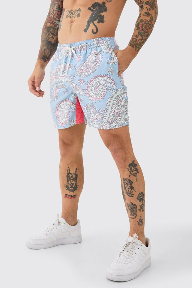 Mid Length Paisley Print Gusset Swim Trunks | boohooMAN USA Product Image