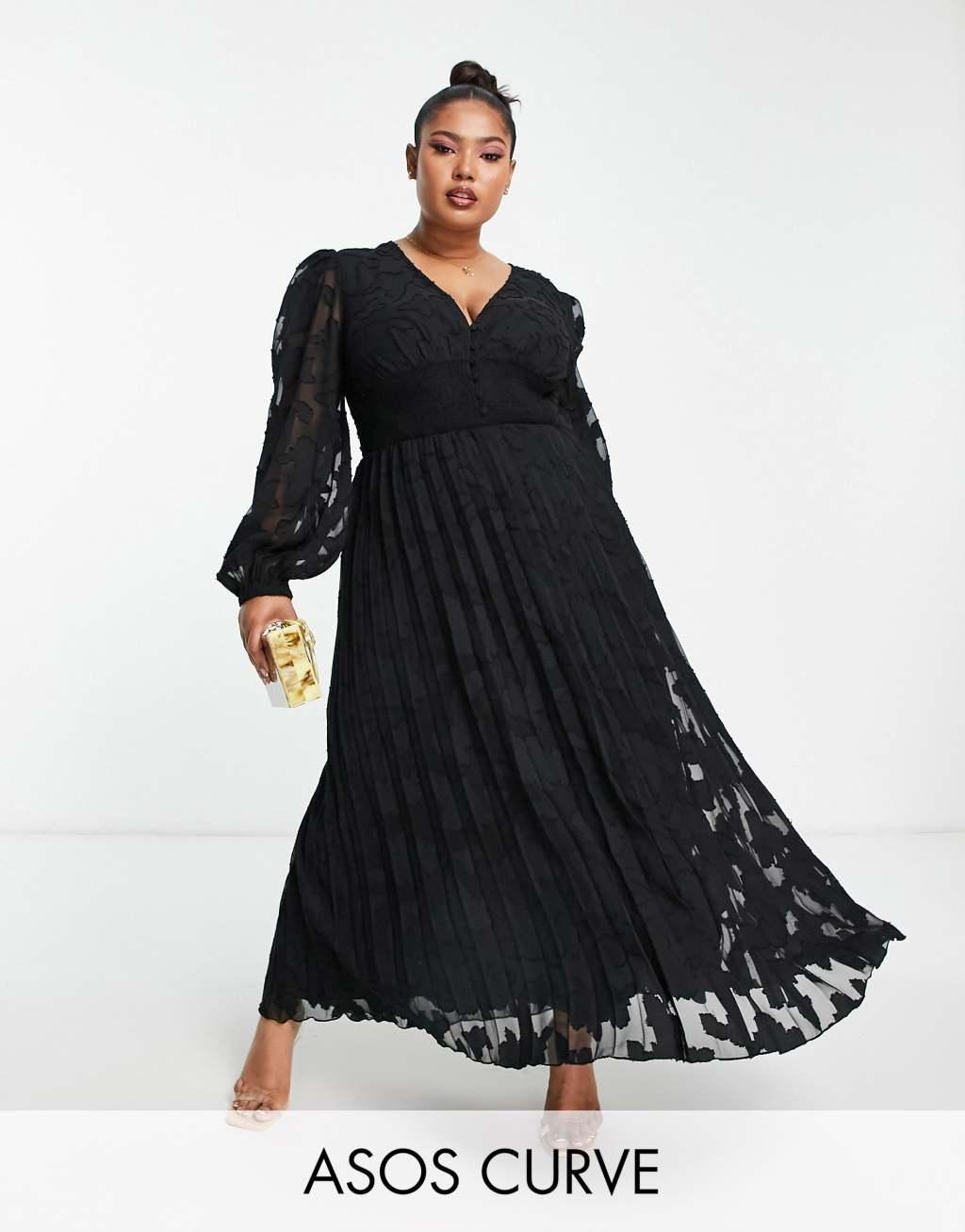 ASOS DESIGN Curve burnout button through shirred waist pleated midi dress in black Product Image