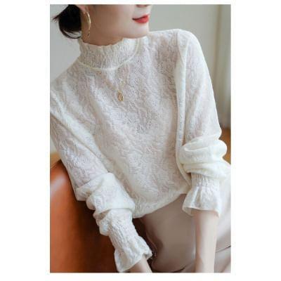 Puff-Sleeve Turtleneck Floral Blouse Product Image