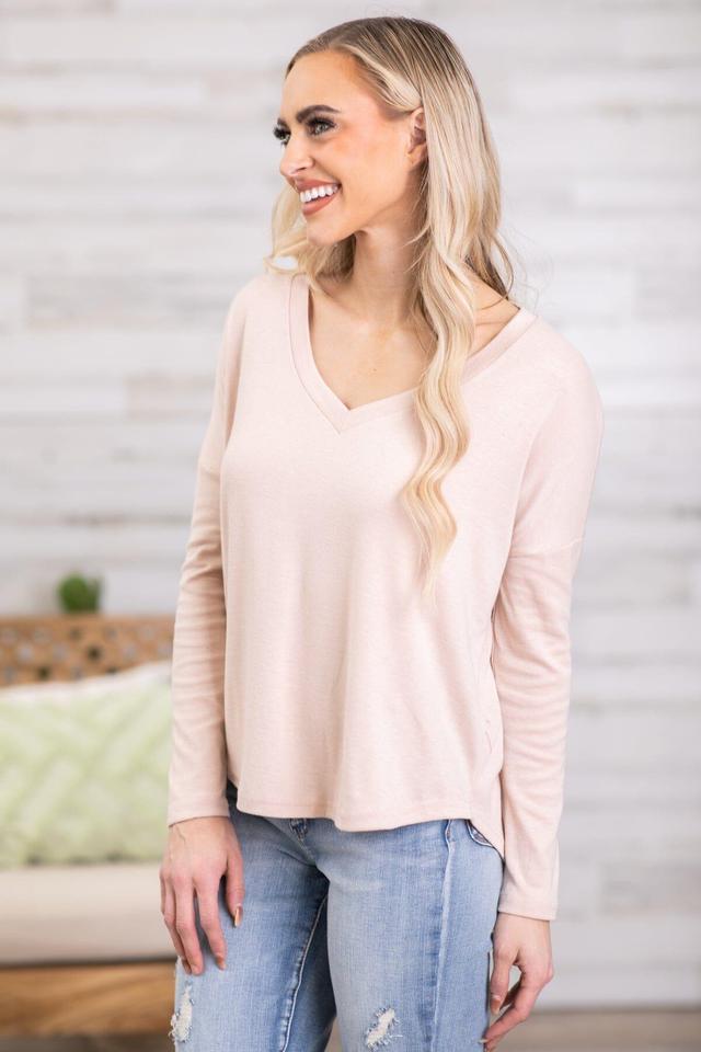 Beige V-Neck Long Sleeve Top Product Image