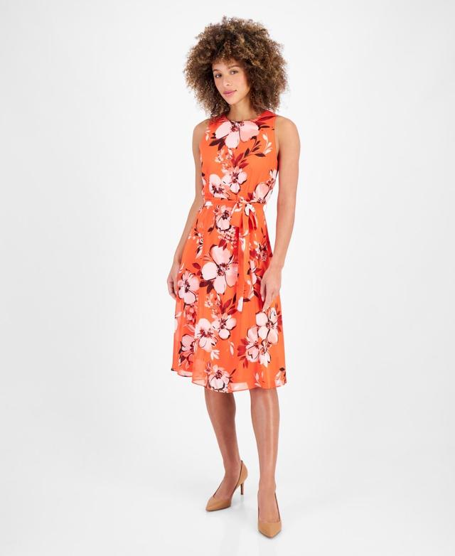 Women's Floral-Print Sleeveless Tie-Wasit Dress Product Image