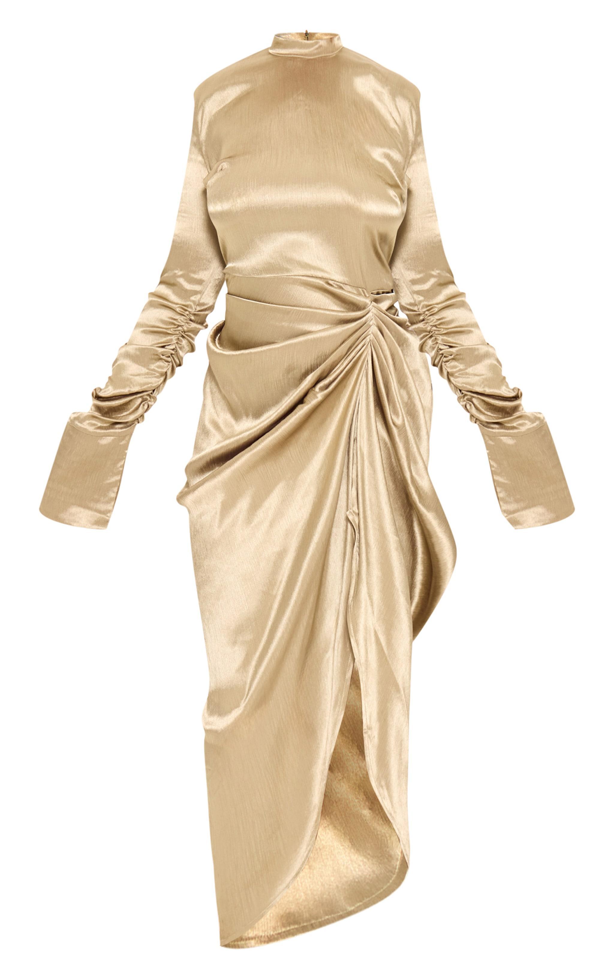 Plus Olive High Neck Ruching Detail Satin Midi Dress Product Image