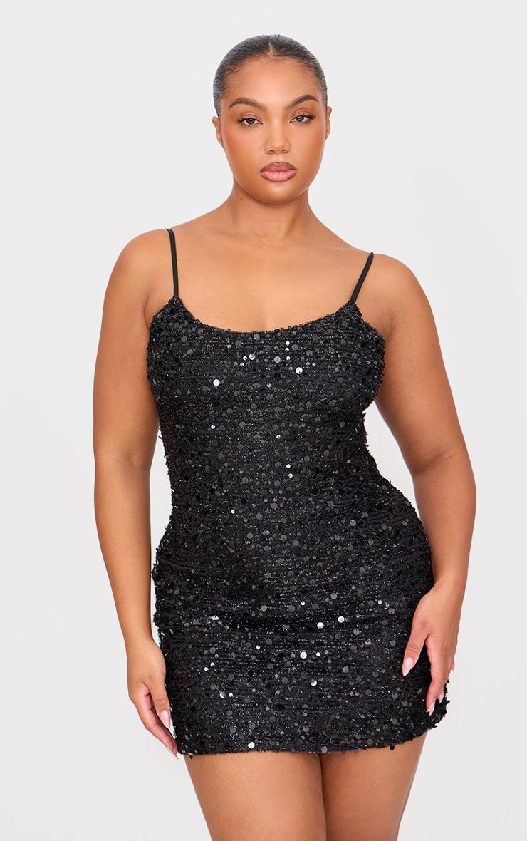 Plus Black Textured Sequin Embellished Mini Dress Product Image