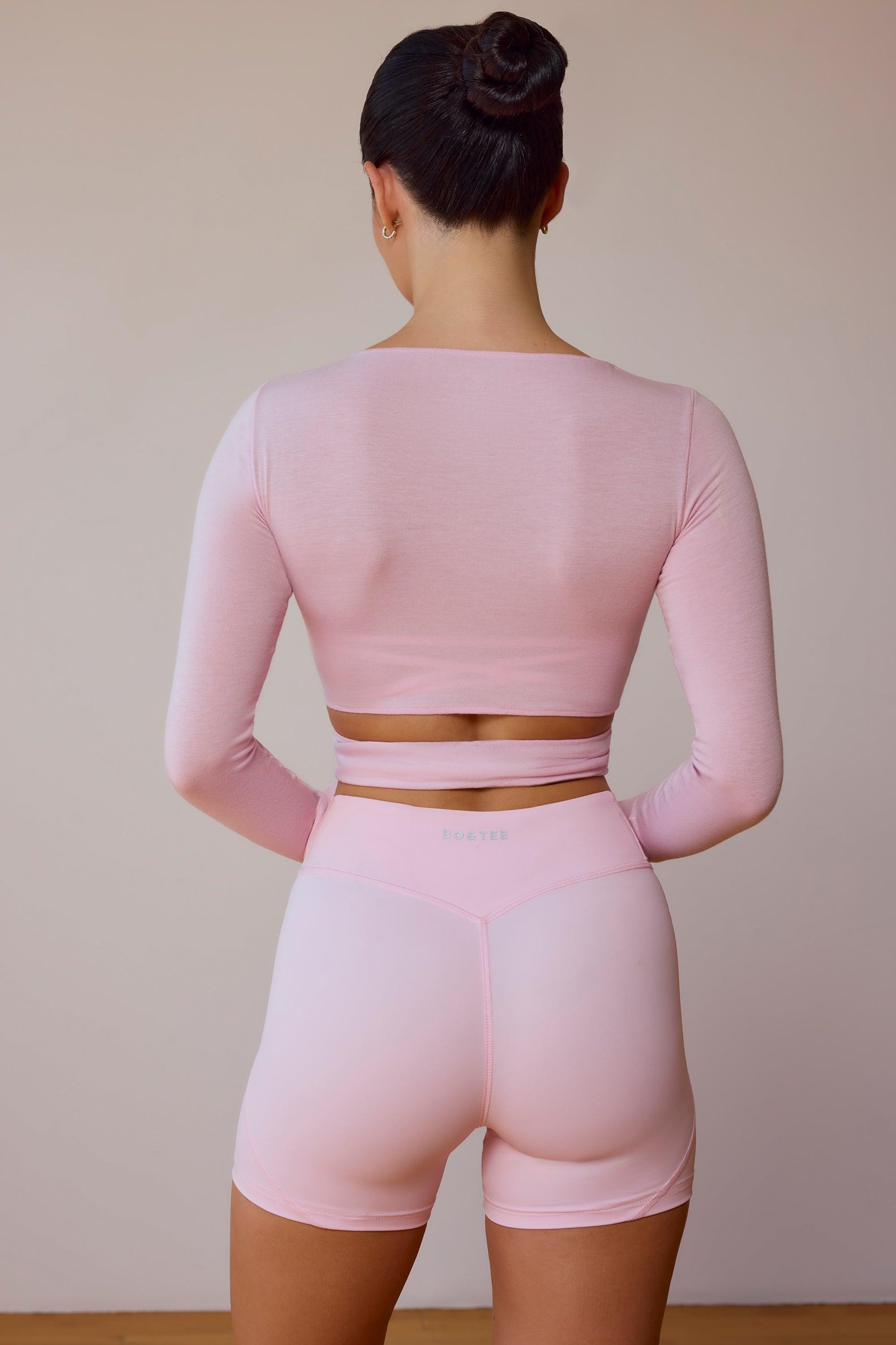 Long-Sleeve Wrap Crop Top in Soft Pink Product Image