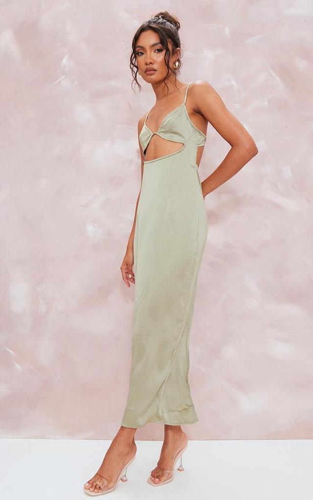 Khaki Satin Cut Out Strappy Back Detail Midaxi Dress Product Image