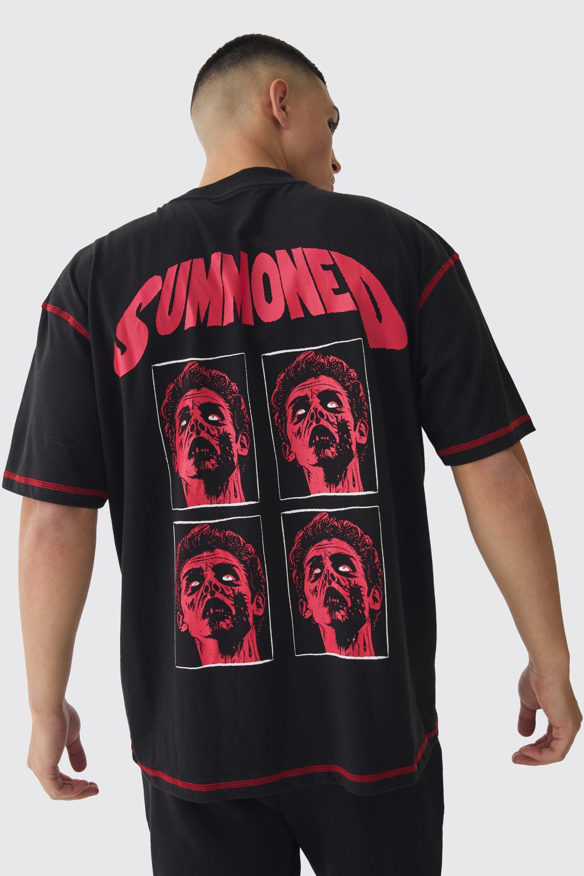 Oversized Extended Neck Contrast Stitch Summoned Print T-Shirt | boohooMAN USA Product Image