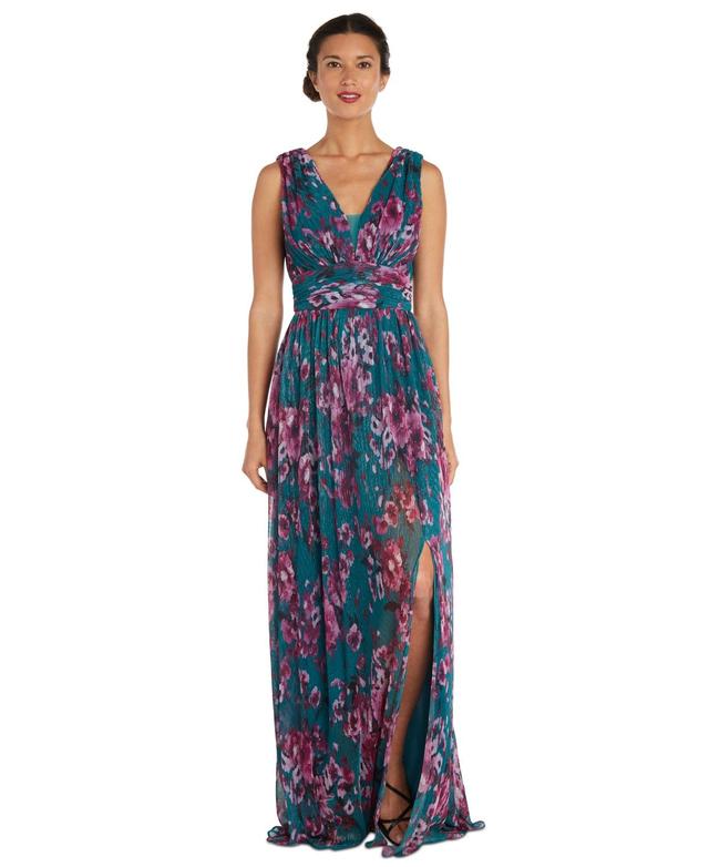 R & M Richards Womens Metallic Floral Print Sleeveless Gown Product Image