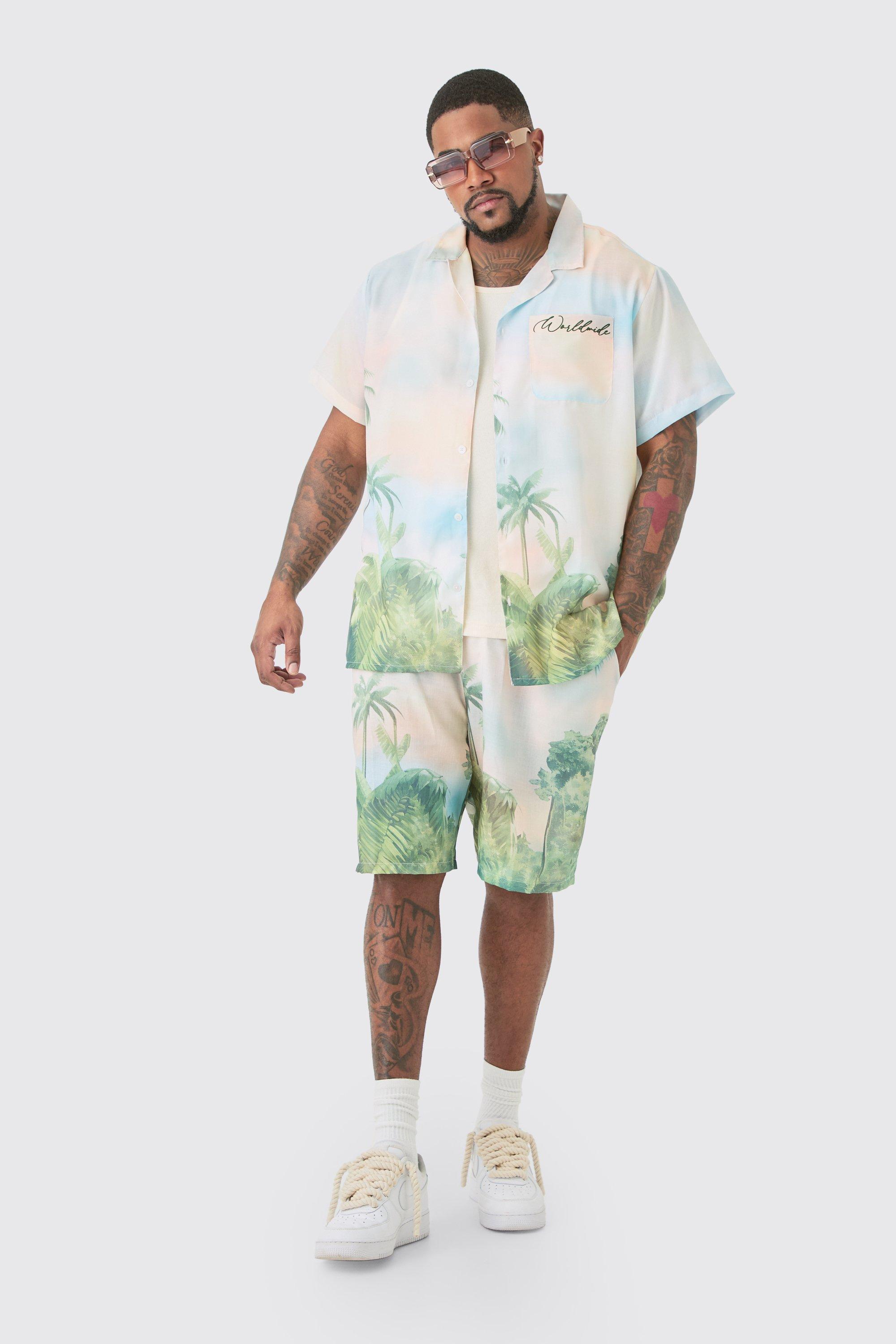 Plus Linen Look Watercolour Landscape Shirt & Short Set | boohooMAN USA Product Image