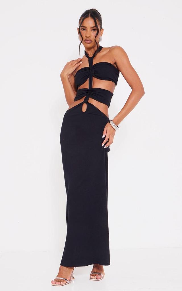 Black Jersey Halterneck Knot Front Cut Out Maxi Dress Product Image