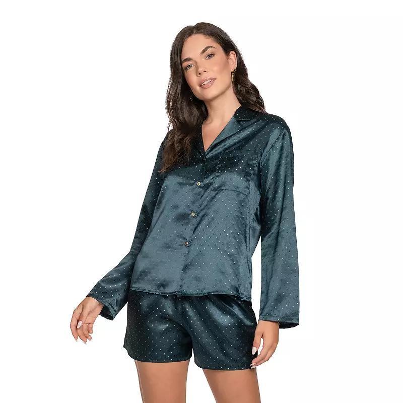 Womens Lilac+London Satin Button-Down Pajama Top & Pajama Shorts Set Green Product Image