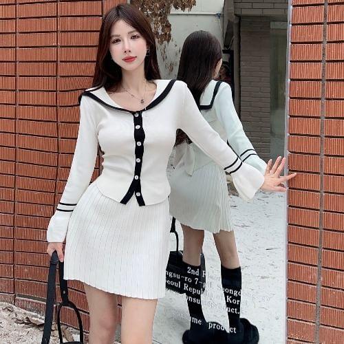 Set: Long-Sleeve Collar Two Tone Button Knit Top + Elastic Waist Mini Pencil Skirt Product Image