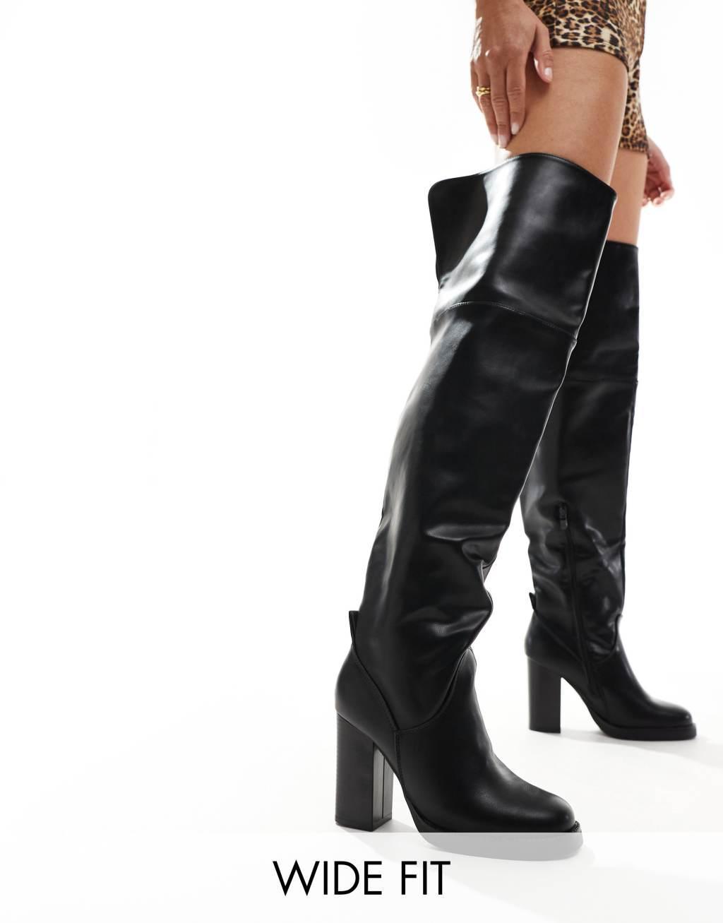 SEQWL Wide Fit over the knee heeled boots in black  Product Image