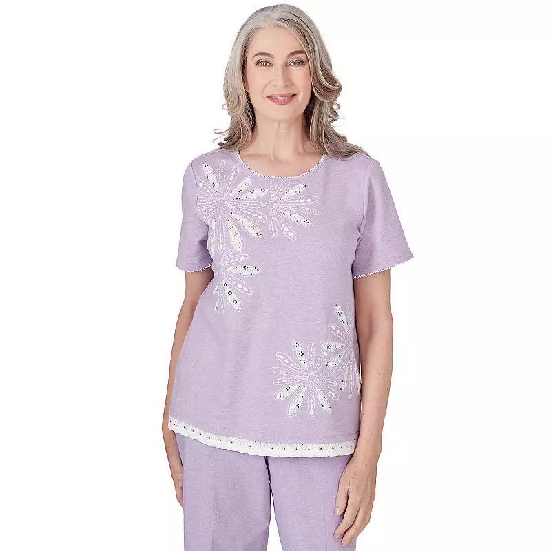 Petite Alfred Dunner Flower Top With Lace Trim, Womens Purple Product Image