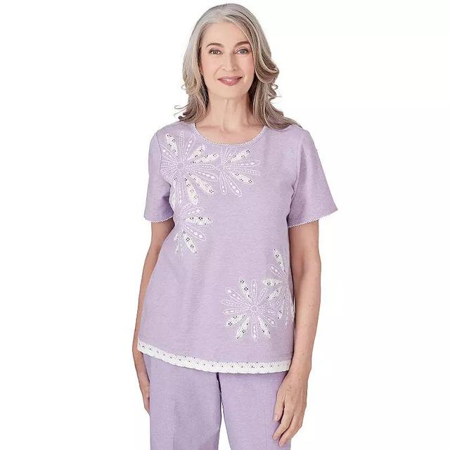 Petite Alfred Dunner Flower Top With Lace Trim, Womens Purple Product Image