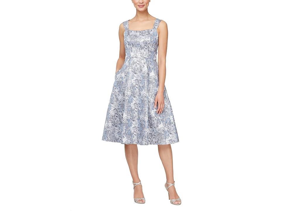 Alex Evenings Midi Length with Square Neckline (Silver ) Women's Dress product image