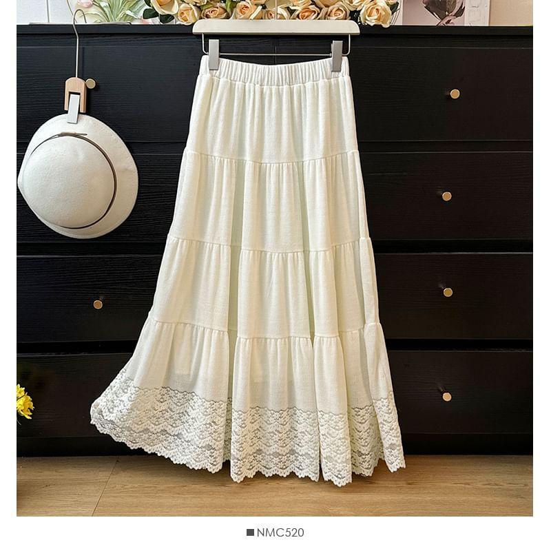 Tiered Lace-Hem A-Line Skirt Product Image