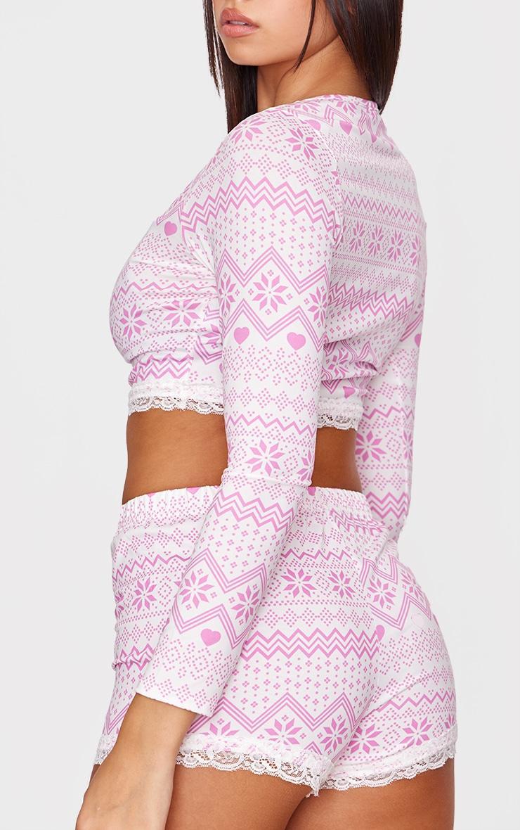 Pink Fairisle Print Lace Trim Short PJ Set Product Image