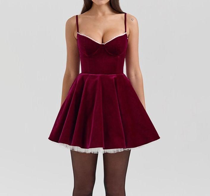 Spaghetti Strap Ruffled-Trim Plain Velvet Slim-Fit Mini A-Line Dress Product Image