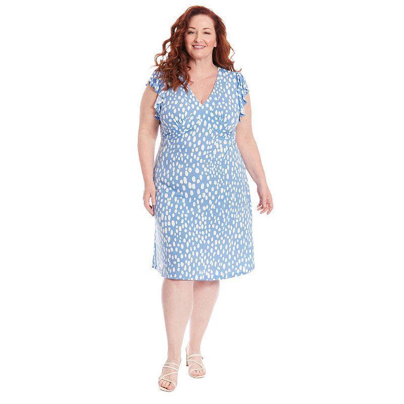 Plus Size London Times Dot Print Ruffle Sleeve V-Neck Midi Dress, Womens Product Image