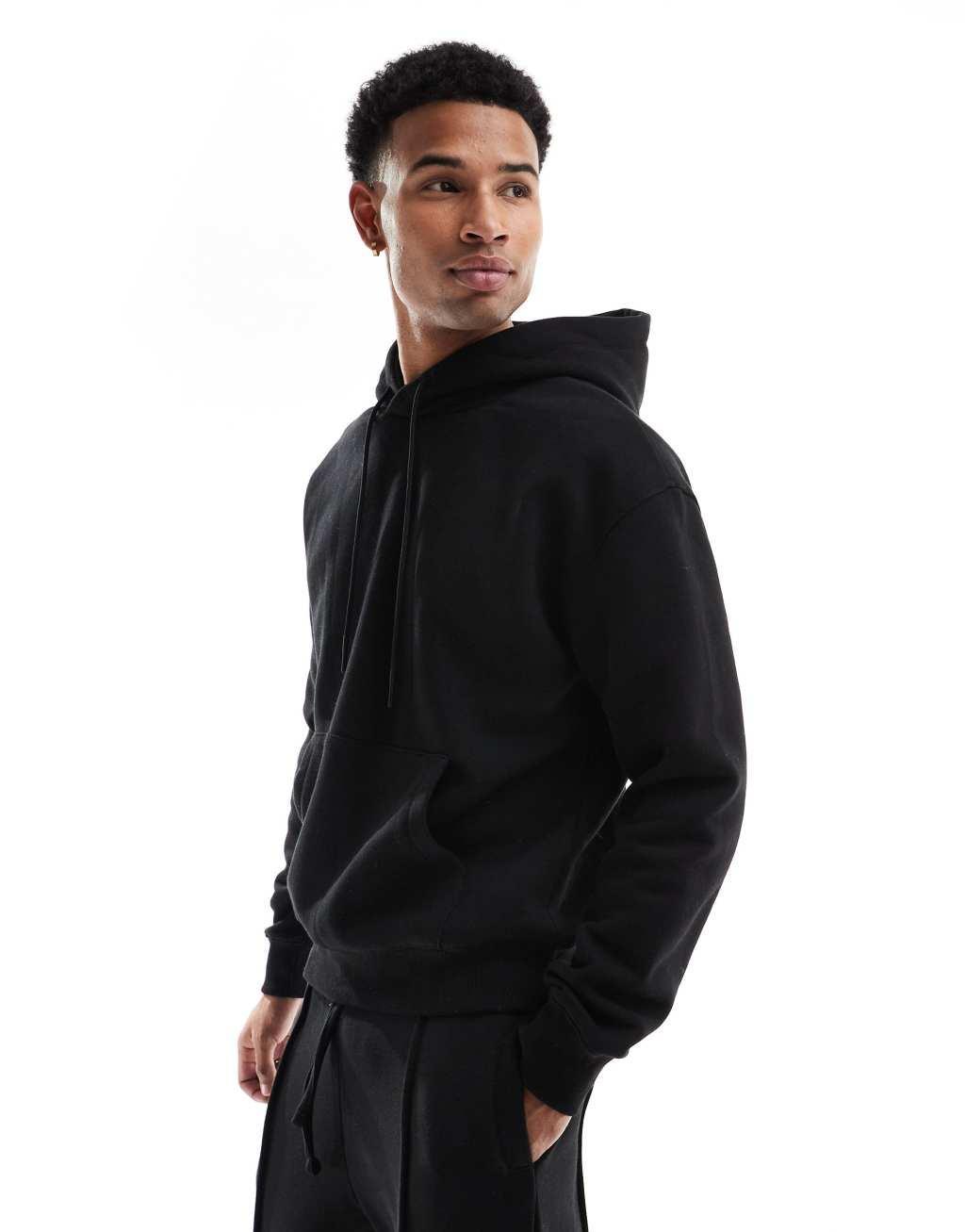 Bershka jersey hoodie and wide leg sweatpants in black Product Image