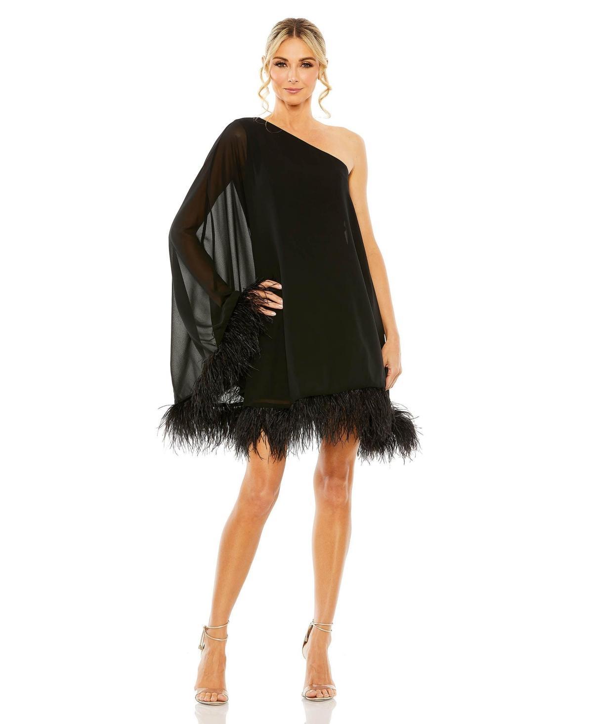 Ieena for Mac Duggal One-Shoulder Feather Trim Cocktail Minidress Product Image