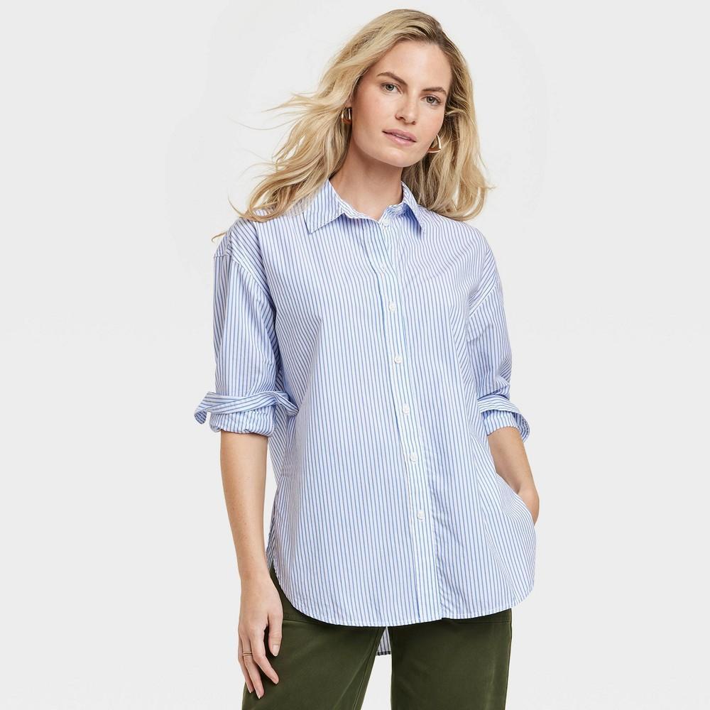 Womens Oversized Long Sleeve Collared Button-Down Shirt - Universal Thread Blue Striped L Product Image