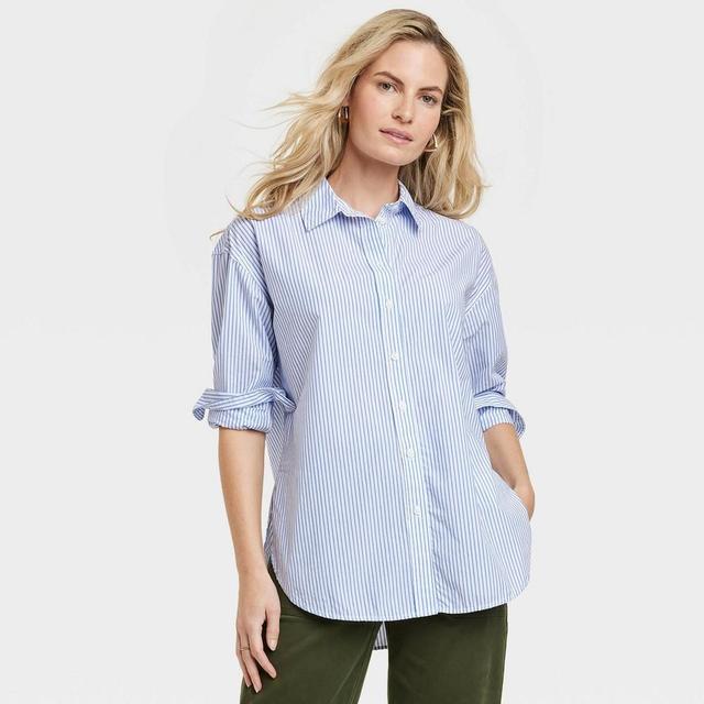 Womens Oversized Long Sleeve Collared Button-Down Shirt - Universal Thread Blue Striped XL Product Image