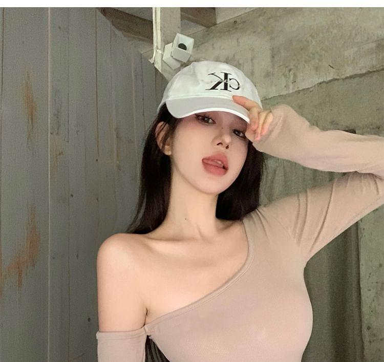 Long-Sleeve Off-Shoulder Plain Bodysuit Top Product Image