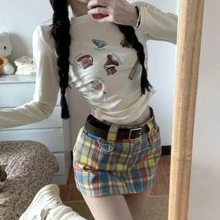 Long-Sleeve Crew Neck Print Ruched Crop Tee / High Rise Plaid Mini Pencil Skirt / Belt / Set product image