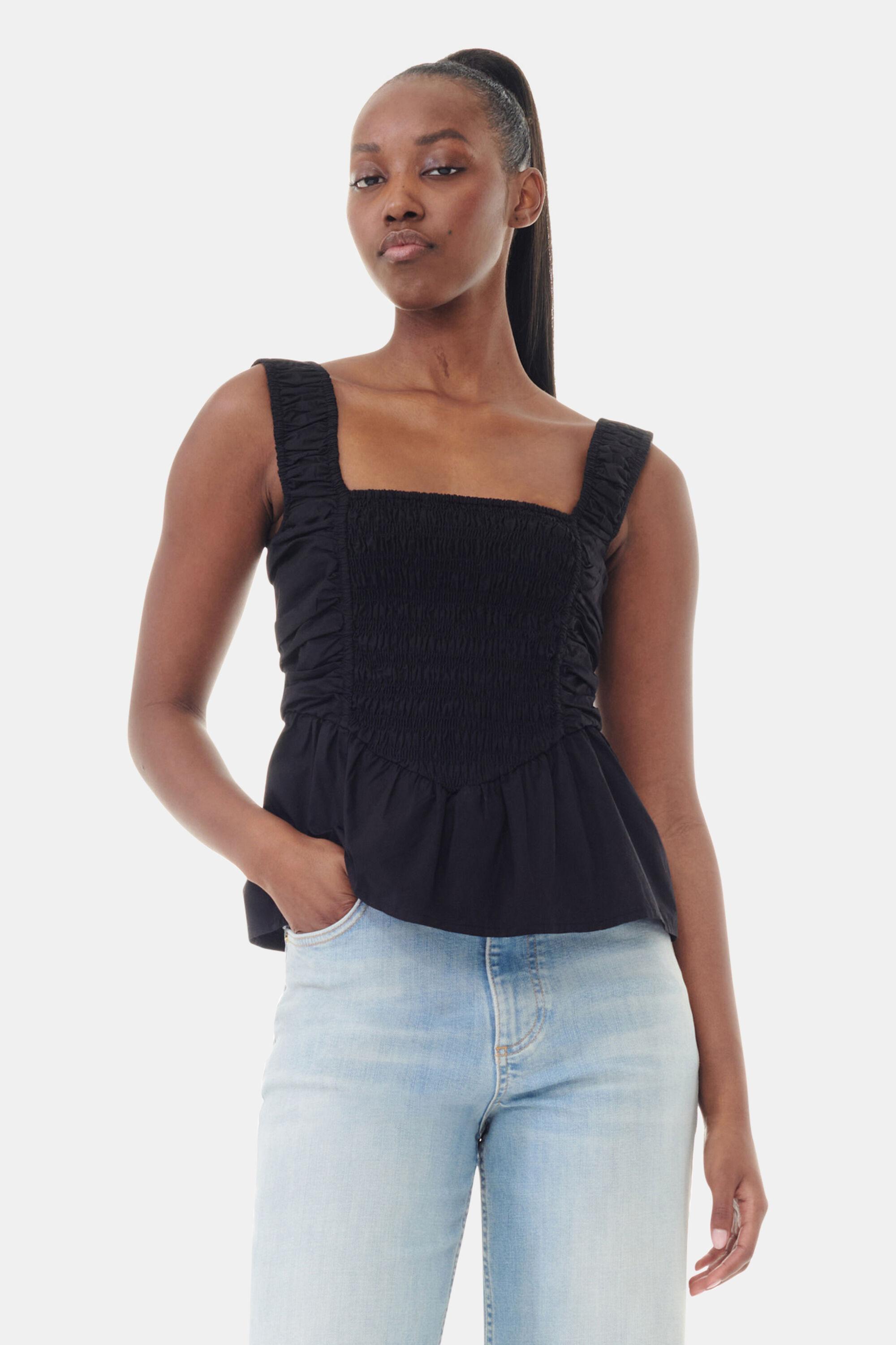 Black Cotton Poplin Smock Strap Top Product Image