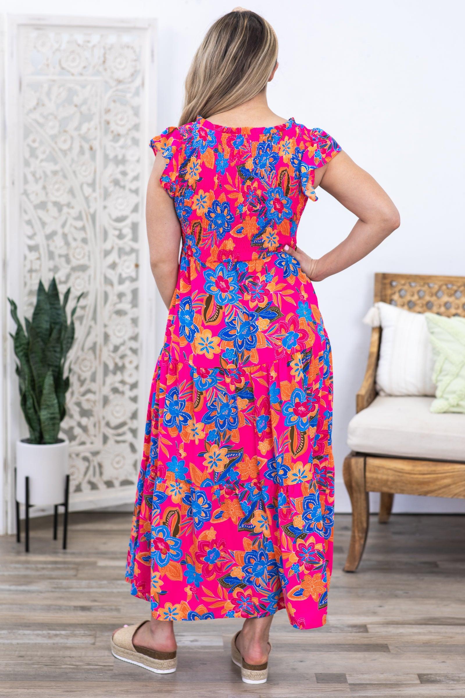 Fuchsia Boho Floral V-Neck Tiered Dress Product Image