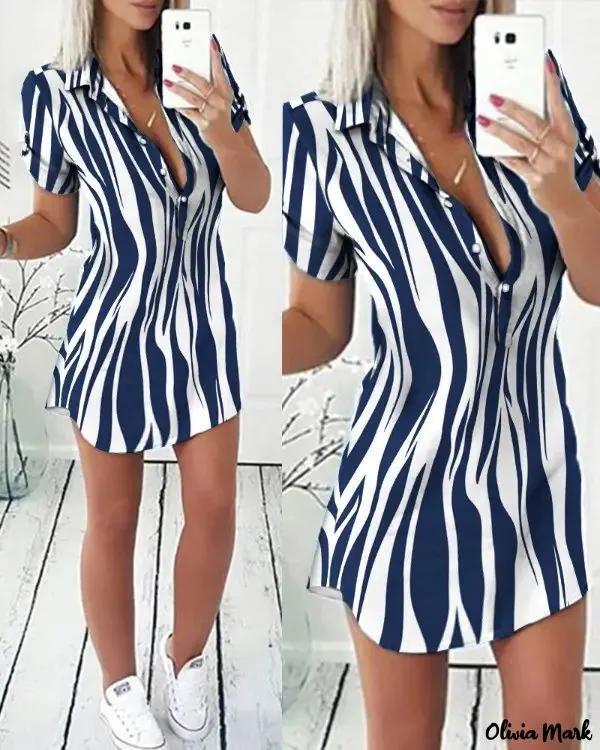 Olivia Mark – Zebra Stripe Button Front Shirt Dress Product Image