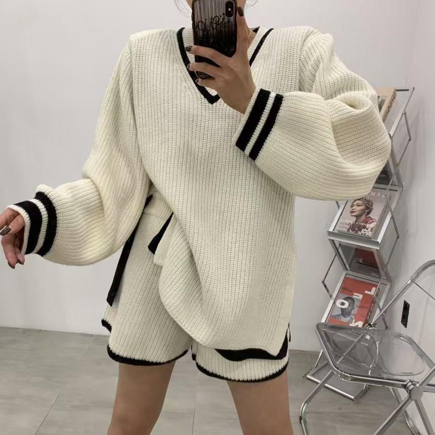 Set: V-Neck Striped Oversized Sweater + High Waist Shorts Product Image