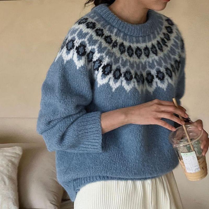 Round Neck Patterned Oversized Sweater Product Image