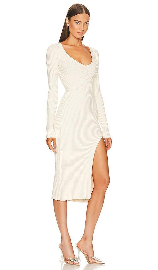 NBD x Marianna Hewitt Saskia Boucle Midi Dress with Slit in Ivory. Size L, M. Product Image