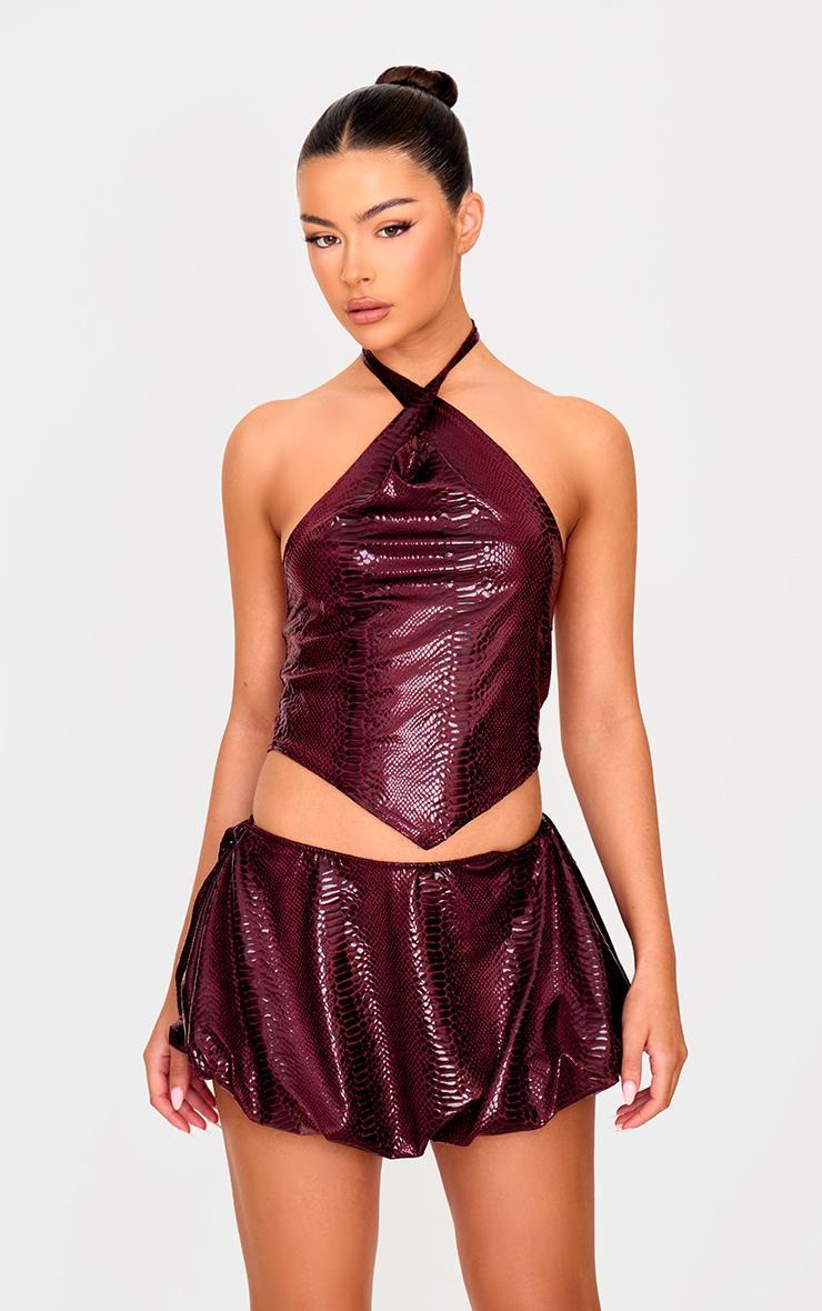 Burgundy Wet Look Croc Print Mini Skirt Product Image